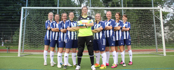Mannschaftsbild der Frauen vom TSV Haubersbronn auf dem Platz vor dem Tor in V-Formation.